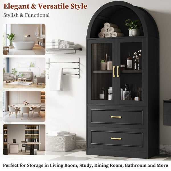 English Elm Video Tall Arched Glass Door Display Cabinet with Soft Close Hinges and Five Tier Shelving 2-Tier Shelves with Drawers Black N759P487155B