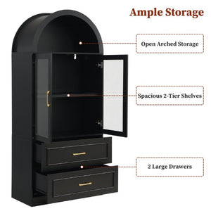 English Elm Video Tall Arched Glass Door Display Cabinet with Soft Close Hinges and Five Tier Shelving 2-Tier Shelves with Drawers Black N759P487155B