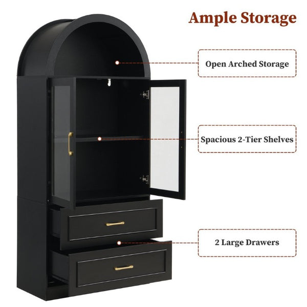 English Elm Video Tall Arched Glass Door Display Cabinet with Soft Close Hinges and Five Tier Shelving 2-Tier Shelves with Drawers Black N759P487155B