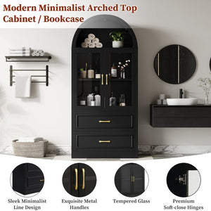 English Elm Video Tall Arched Glass Door Display Cabinet with Soft Close Hinges and Five Tier Shelving 2-Tier Shelves with Drawers Black N759P487155B