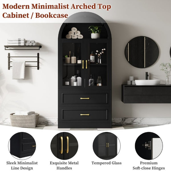 English Elm Video Tall Arched Glass Door Display Cabinet with Soft Close Hinges and Five Tier Shelving 2-Tier Shelves with Drawers Black N759P487155B