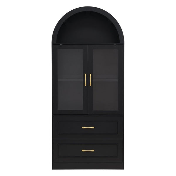 English Elm Video Tall Arched Glass Door Display Cabinet with Soft Close Hinges and Five Tier Shelving 2-Tier Shelves with Drawers Black N759P487155B