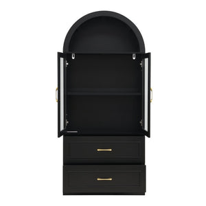 English Elm Video Tall Arched Glass Door Display Cabinet with Soft Close Hinges and Five Tier Shelving 2-Tier Shelves with Drawers Black N759P487155B