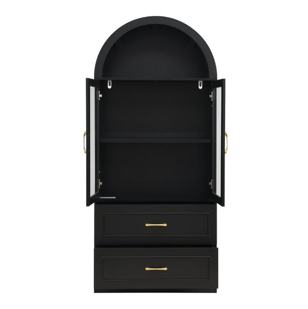 English Elm Video Tall Arched Glass Door Display Cabinet with Soft Close Hinges and Five Tier Shelving 2-Tier Shelves with Drawers Black N759P487155B