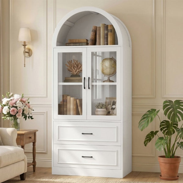 English Elm Video Tall Arched Glass Door Display Cabinet with Soft Close Hinges and Five Tier Shelving 2-Tier Shelves with Drawers White N759P487155K