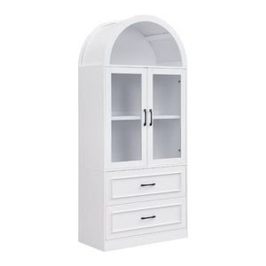 English Elm Video Tall Arched Glass Door Display Cabinet with Soft Close Hinges and Five Tier Shelving 2-Tier Shelves with Drawers White N759P487155K