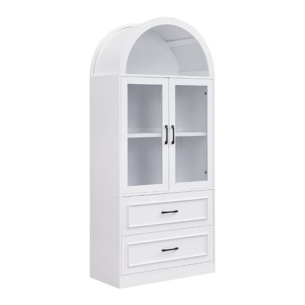 English Elm Video Tall Arched Glass Door Display Cabinet with Soft Close Hinges and Five Tier Shelving 2-Tier Shelves with Drawers White N759P487155K