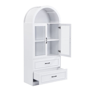 English Elm Video Tall Arched Glass Door Display Cabinet with Soft Close Hinges and Five Tier Shelving 2-Tier Shelves with Drawers White N759P487155K