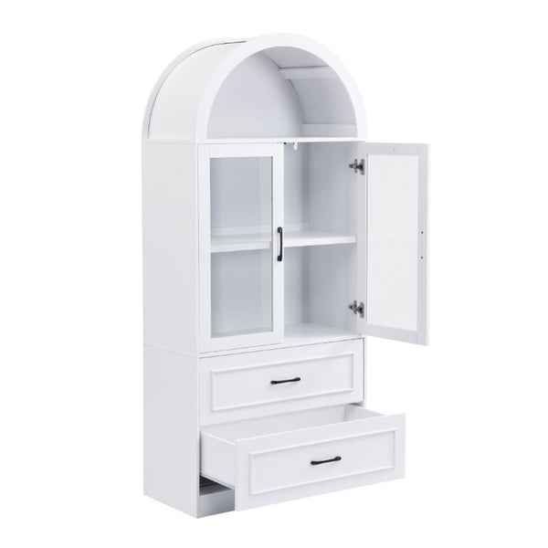 English Elm Video Tall Arched Glass Door Display Cabinet with Soft Close Hinges and Five Tier Shelving 2-Tier Shelves with Drawers White N759P487155K