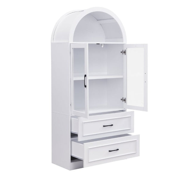 English Elm Video Tall Arched Glass Door Display Cabinet with Soft Close Hinges and Five Tier Shelving 2-Tier Shelves with Drawers White N759P487155K