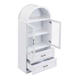 English Elm Video Tall Arched Glass Door Display Cabinet with Soft Close Hinges and Five Tier Shelving 2-Tier Shelves with Drawers White N759P487155K