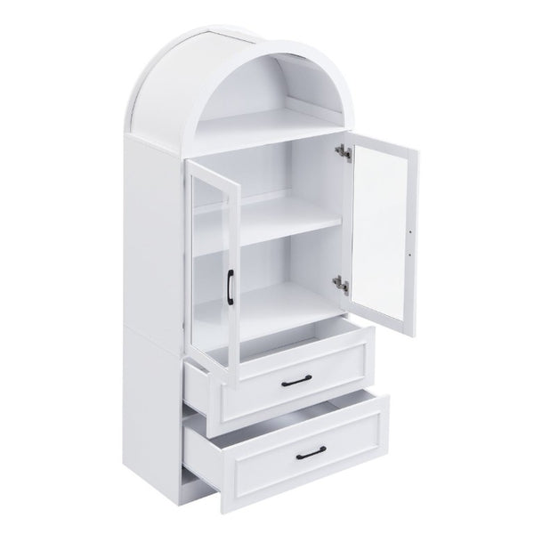 English Elm Video Tall Arched Glass Door Display Cabinet with Soft Close Hinges and Five Tier Shelving 2-Tier Shelves with Drawers White N759P487155K