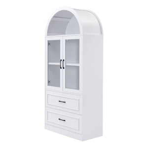 English Elm Video Tall Arched Glass Door Display Cabinet with Soft Close Hinges and Five Tier Shelving 2-Tier Shelves with Drawers White N759P487155K