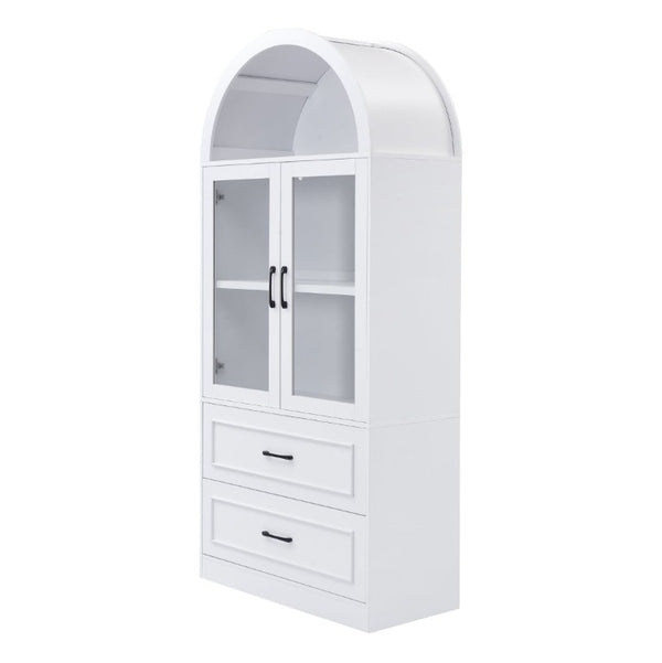 English Elm Video Tall Arched Glass Door Display Cabinet with Soft Close Hinges and Five Tier Shelving 2-Tier Shelves with Drawers White N759P487155K