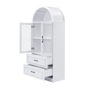 English Elm Video Tall Arched Glass Door Display Cabinet with Soft Close Hinges and Five Tier Shelving 2-Tier Shelves with Drawers White N759P487155K