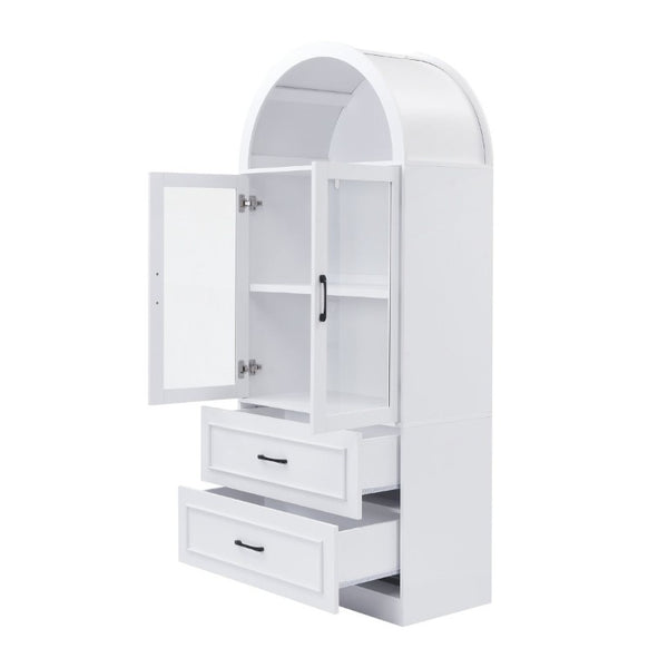 English Elm Video Tall Arched Glass Door Display Cabinet with Soft Close Hinges and Five Tier Shelving 2-Tier Shelves with Drawers White N759P487155K