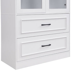 English Elm Video Tall Arched Glass Door Display Cabinet with Soft Close Hinges and Five Tier Shelving 2-Tier Shelves with Drawers White N759P487155K