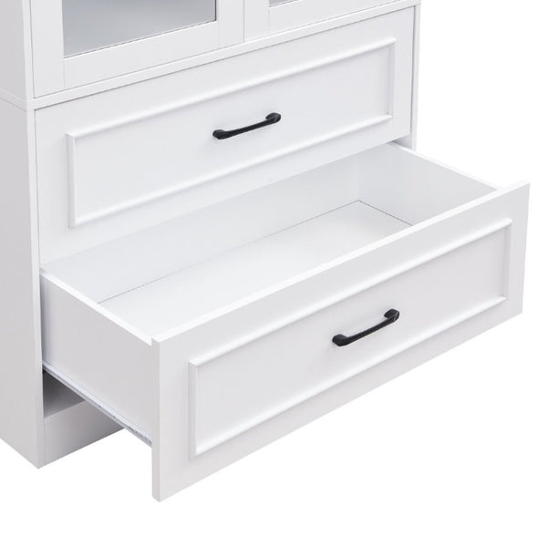 English Elm Video Tall Arched Glass Door Display Cabinet with Soft Close Hinges and Five Tier Shelving 2-Tier Shelves with Drawers White N759P487155K