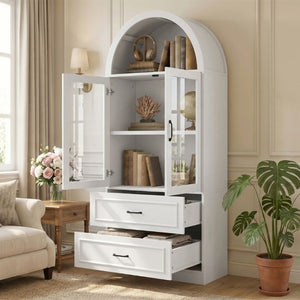 English Elm Video Tall Arched Glass Door Display Cabinet with Soft Close Hinges and Five Tier Shelving 2-Tier Shelves with Drawers White N759P487155K