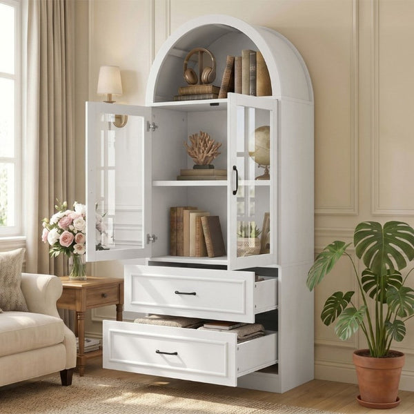 English Elm Video Tall Arched Glass Door Display Cabinet with Soft Close Hinges and Five Tier Shelving 2-Tier Shelves with Drawers White N759P487155K
