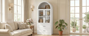 English Elm Video Tall Arched Glass Door Display Cabinet with Soft Close Hinges and Five Tier Shelving 2-Tier Shelves with Drawers White N759P487155K