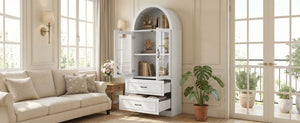 English Elm Video Tall Arched Glass Door Display Cabinet with Soft Close Hinges and Five Tier Shelving 2-Tier Shelves with Drawers White N759P487155K