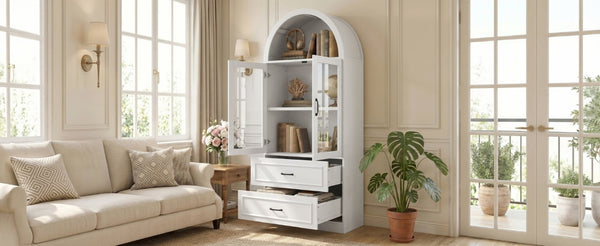 English Elm Video Tall Arched Glass Door Display Cabinet with Soft Close Hinges and Five Tier Shelving 2-Tier Shelves with Drawers White N759P487155K