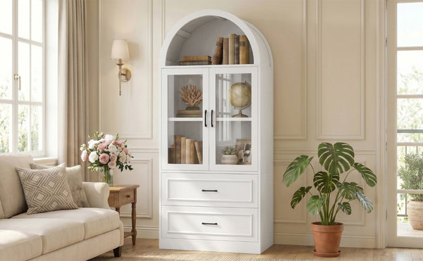 English Elm Video Tall Arched Glass Door Display Cabinet with Soft Close Hinges and Five Tier Shelving 2-Tier Shelves with Drawers White N759P487155K