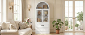 English Elm Video Tall Arched Glass Door Display Cabinet with Soft Close Hinges and Five Tier Shelving 2-Tier Shelves with Drawers White N759P487155K