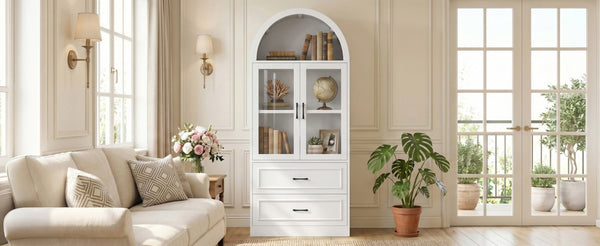English Elm Video Tall Arched Glass Door Display Cabinet with Soft Close Hinges and Five Tier Shelving 2-Tier Shelves with Drawers White N759P487155K