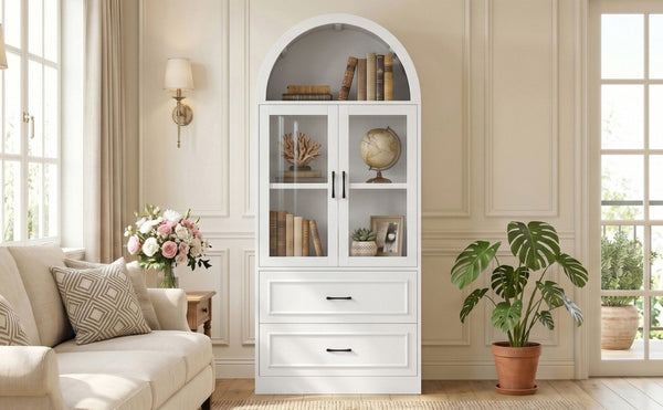 English Elm Video Tall Arched Glass Door Display Cabinet with Soft Close Hinges and Five Tier Shelving 2-Tier Shelves with Drawers White N759P487155K