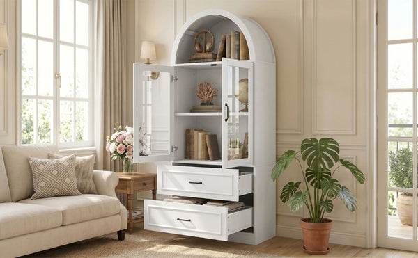 English Elm Video Tall Arched Glass Door Display Cabinet with Soft Close Hinges and Five Tier Shelving 2-Tier Shelves with Drawers White N759P487155K