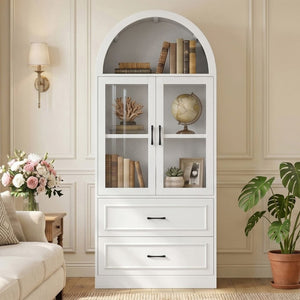 English Elm Video Tall Arched Glass Door Display Cabinet with Soft Close Hinges and Five Tier Shelving 2-Tier Shelves with Drawers White N759P487155K