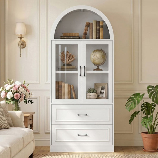 English Elm Video Tall Arched Glass Door Display Cabinet with Soft Close Hinges and Five Tier Shelving 2-Tier Shelves with Drawers White N759P487155K