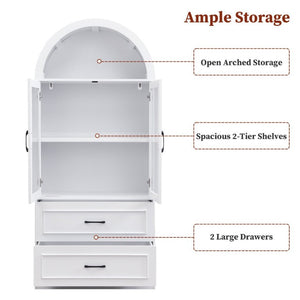 English Elm Video Tall Arched Glass Door Display Cabinet with Soft Close Hinges and Five Tier Shelving 2-Tier Shelves with Drawers White N759P487155K