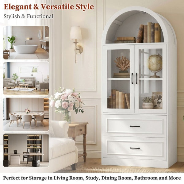 English Elm Video Tall Arched Glass Door Display Cabinet with Soft Close Hinges and Five Tier Shelving 2-Tier Shelves with Drawers White N759P487155K