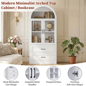 English Elm Video Tall Arched Glass Door Display Cabinet with Soft Close Hinges and Five Tier Shelving 2-Tier Shelves with Drawers White N759P487155K