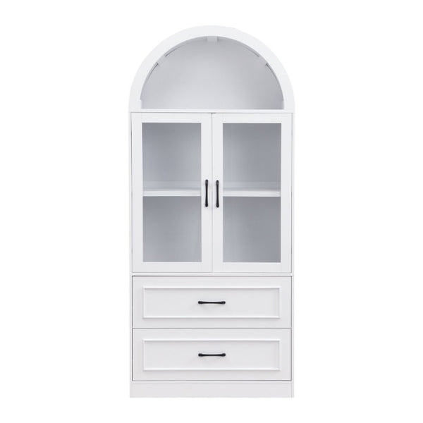 English Elm Video Tall Arched Glass Door Display Cabinet with Soft Close Hinges and Five Tier Shelving 2-Tier Shelves with Drawers White N759P487155K
