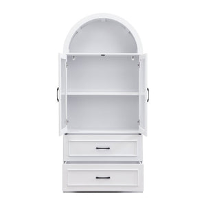 English Elm Video Tall Arched Glass Door Display Cabinet with Soft Close Hinges and Five Tier Shelving 2-Tier Shelves with Drawers White N759P487155K