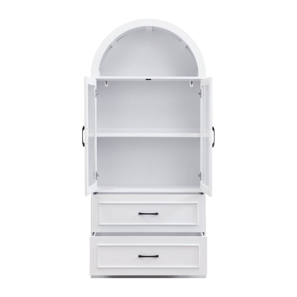English Elm Video Tall Arched Glass Door Display Cabinet with Soft Close Hinges and Five Tier Shelving 2-Tier Shelves with Drawers White N759P487155K