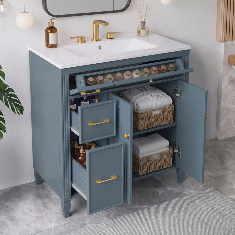 English Elm Video Freestanding Bathroom Vanity with Ceramic Sink Gold Hardware and Soft Close Storage Blue Gray N759P527503C