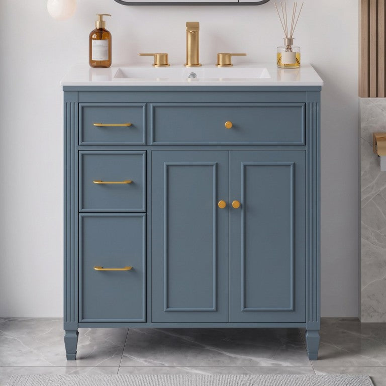 English Elm Video Freestanding Bathroom Vanity with Ceramic Sink Gold Hardware and Soft Close Storage Blue Gray N759P527503C