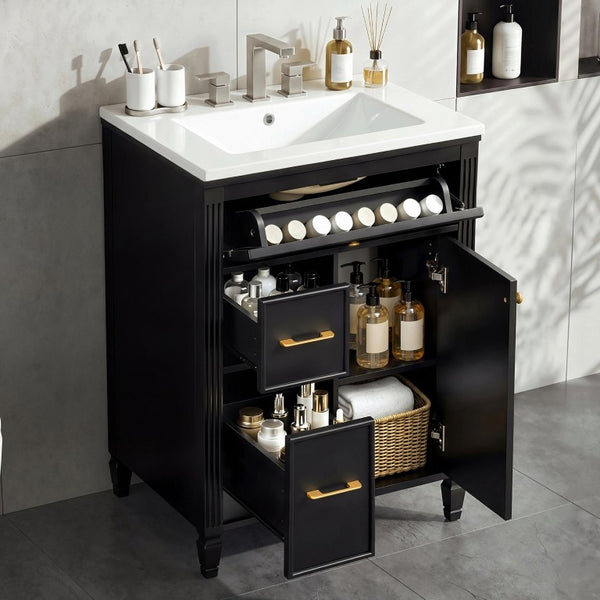 English Elm Video 24 Inch Freestanding Bathroom Vanity Rubberwood Legs Ceramic Sink Vintage Black N759P527510B