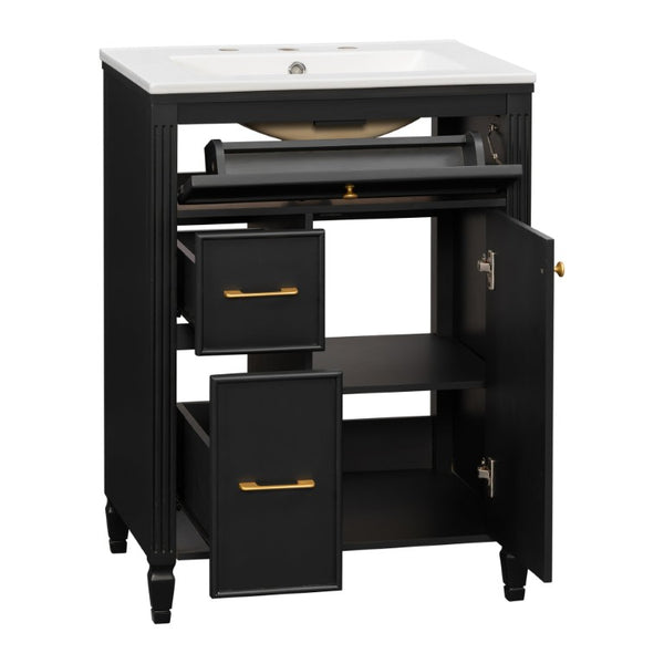 English Elm Video 24 Inch Freestanding Bathroom Vanity Rubberwood Legs Ceramic Sink Vintage Black N759P527510B