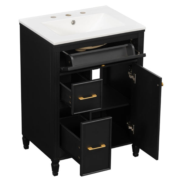 English Elm Video 24 Inch Freestanding Bathroom Vanity Rubberwood Legs Ceramic Sink Vintage Black N759P527510B