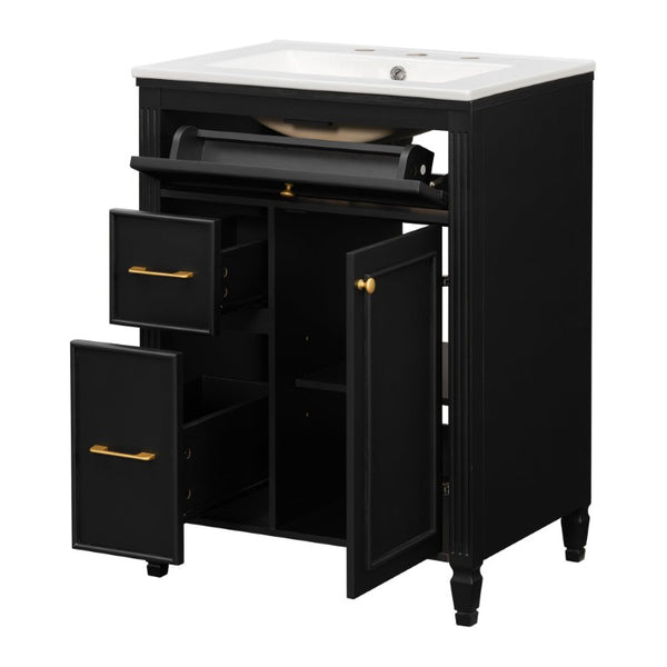 English Elm Video 24 Inch Freestanding Bathroom Vanity Rubberwood Legs Ceramic Sink Vintage Black N759P527510B