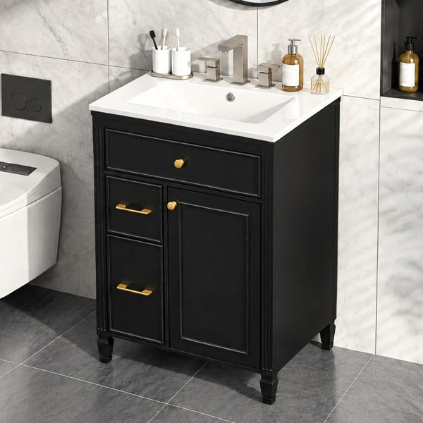 English Elm Video 24 Inch Freestanding Bathroom Vanity Rubberwood Legs Ceramic Sink Vintage Black N759P527510B