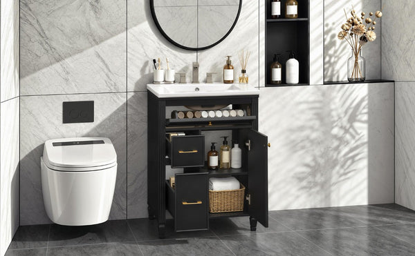 English Elm Video 24 Inch Freestanding Bathroom Vanity Rubberwood Legs Ceramic Sink Vintage Black N759P527510B