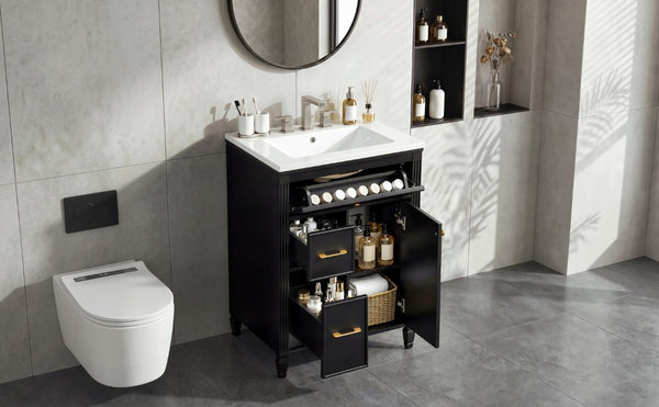 English Elm Video 24 Inch Freestanding Bathroom Vanity Rubberwood Legs Ceramic Sink Vintage Black N759P527510B