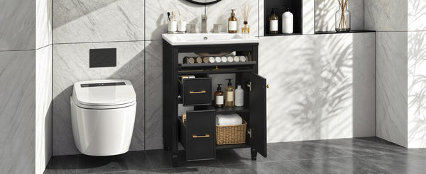 English Elm Video 24 Inch Freestanding Bathroom Vanity Rubberwood Legs Ceramic Sink Vintage Black N759P527510B